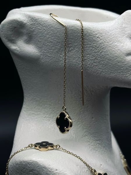 Женские золотые серьги "Клевер" с черным ониксом 585 пробы 0017-1 фото